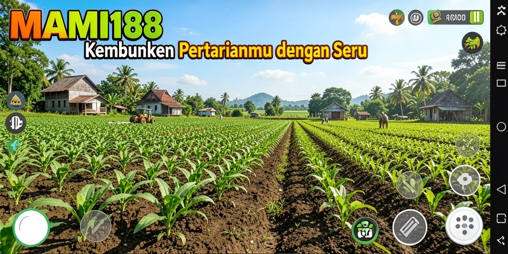 Screenshot gameplay MAMI188 menampilkan pertanian yang subur dan hewan ternak lucu.