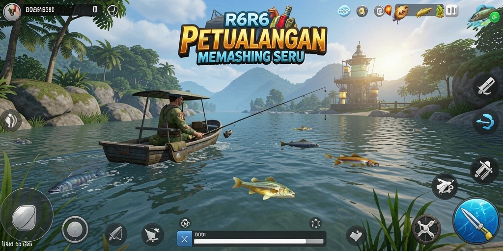 Screenshot menunjukkan gameplay dalam suasana memancing yang tenang.